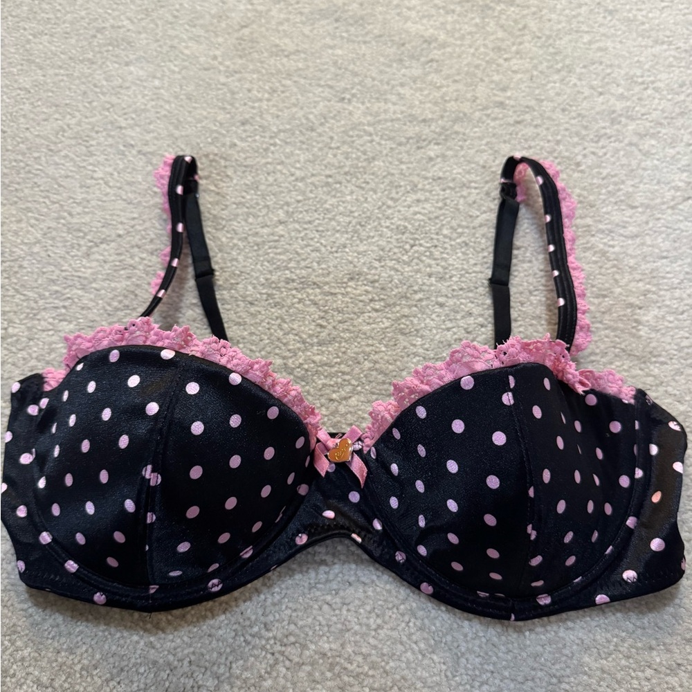 Candie's Black Bra with Pink Polka Dots and Lace Trim